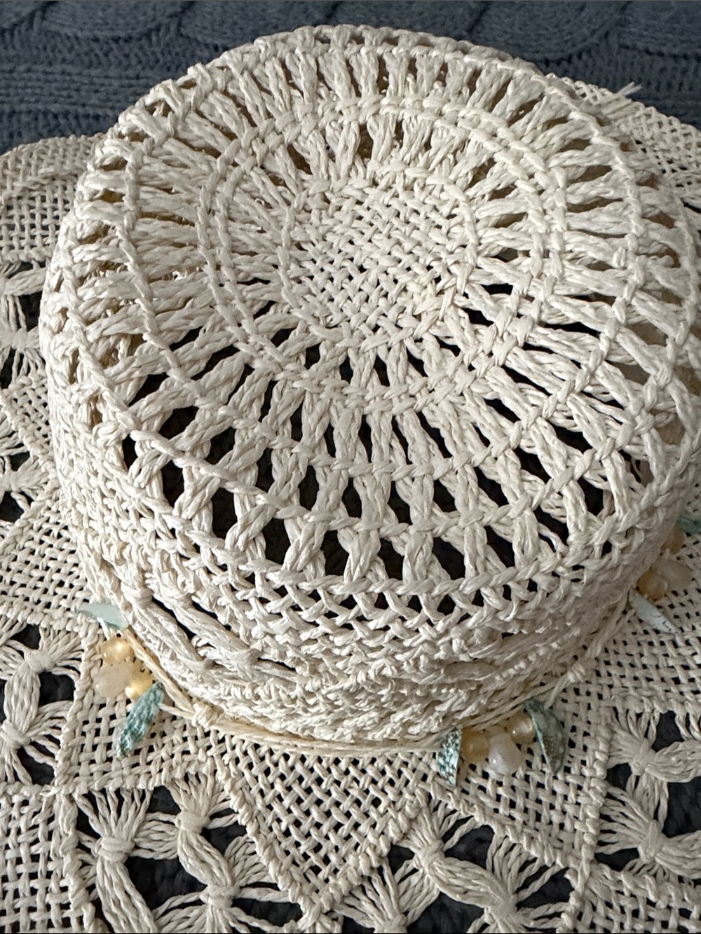 Boho Crochet Sun Hat with Bead Trim - Cream - Picture 2 of 4